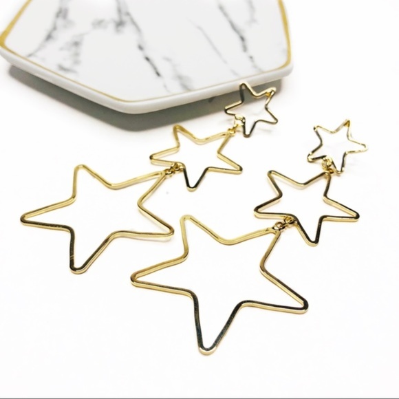 Ornamental Stone Jewelry - Triple Gold Star Dangle Earrings